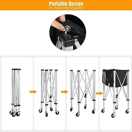 Portable Tennis Ball Hopper Holds 180 Balls, Tennis Ball Basket Cart with 4 Wheels & Brakes, Detachable Oxford Fabric Bag for Tennis and Pickleball Training, Black - color: Silver Aluminum