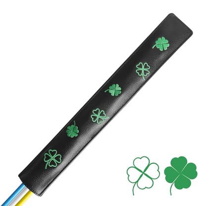 FINGER TEN Golf Alignment Stick Cover Headcover Rods Holder Case Leather 14''× 2'' in USA Black White Green Hold At Least 2 Sticks - color: Black-Lucky Clover