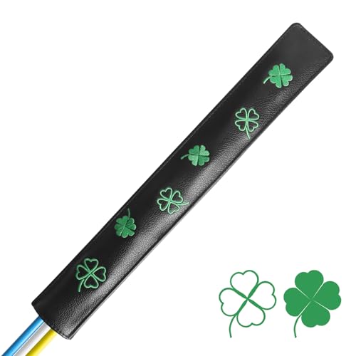 FINGER TEN Golf Alignment Stick Cover Headcover Rods Holder Case Leather 14''× 2'' in USA Black White Green Hold At Least 2 Sticks - color: Black-Lucky Clover
