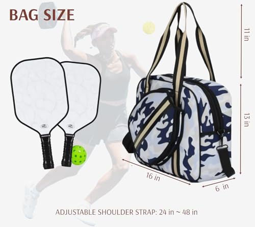 Pickleball Sports Tote Bag with Racket Holder, Neoprene, Adjustable Shoulder Strap - color: White/Blue Camouflage