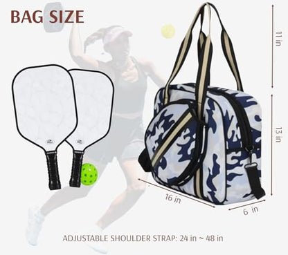 Pickleball Sports Tote Bag with Racket Holder, Neoprene, Adjustable Shoulder Strap - color: White/Blue Camouflage