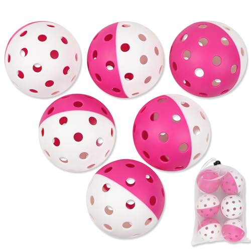 Pickleball Balls, 6 Pack of Indoor & Outdoor Pickle Ball Set, 2 Tone Pickle Balls Set, High Visibility Durable Pickleballs for Training and Tournament - color: Pink and White