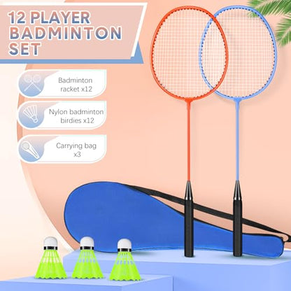 12 Pack Badminton Rackets Set Including Badminton Racquets, Nylon Shuttlecocks and Carry Bag for Outdoor Backyard Games Beginners - color: Multicolor