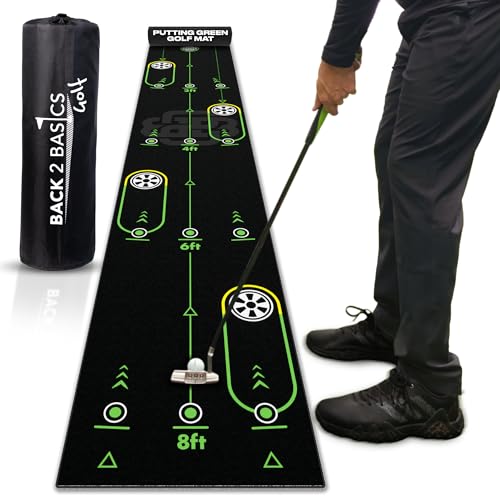 BACK 2 BASICS Golf Portable Putting Green Indoor Golf Putting Mat 10ft, Alignment Aid Trainer for Practice Indoor and Outdoor, Home or Office Compact Roll Target Gate Precision Control Tool - color: Black