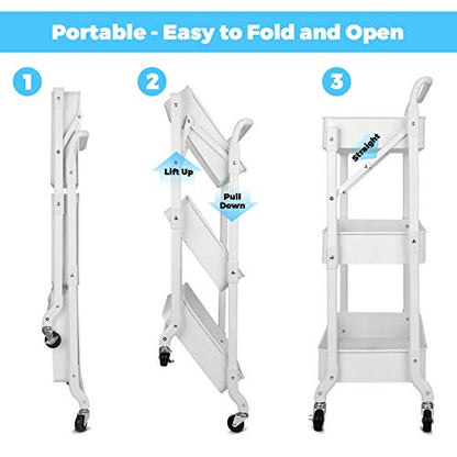 Foldable 3 Tier Metal Utility Rolling Cart, Folding Mobile Multi-Function Storage Trolley Organizer Cart for Home Library Office(White) - color: White
