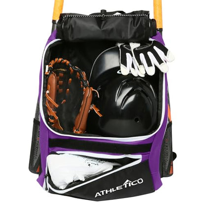 Athletico Baseball Bat Bag - Backpack for Baseball, T-Ball & Softball Equipment & Gear for Youth and Adults | Holds Bat, Helmet, Glove, & Shoes |Shoe Compartment & Fence Hook - color: Purple