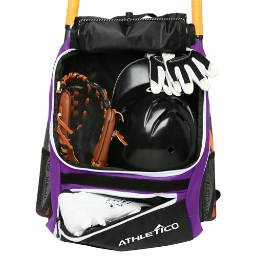 Athletico Baseball Bat Bag - Backpack for Baseball, T-Ball & Softball Equipment & Gear for Youth and Adults | Holds Bat, Helmet, Glove, & Shoes |Shoe Compartment & Fence Hook - color: Purple