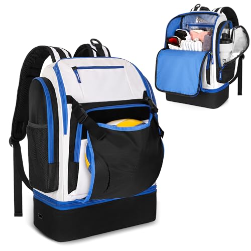 Volleyball Bag with External Ball Holder, Volleyball Backpack with Separate Shoe Space, Multiple Pockets and Adjustable Shoulder Strap for Soccer, Basketball and Gym Exercise - color: White/Blue