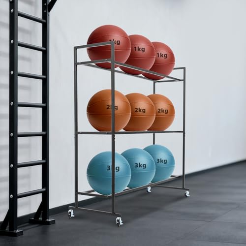 Rolling Medicine Ball Rack, 3-Tier Storage Cart Storage Stand with Handle and 4 Locking Wheels, for Home Gym and Studio, Black