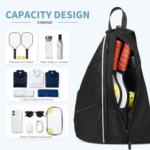 Pickleball Bag for Women and Men, Adjustable Pickle Ball Backpack, 2 in 1 Sports Sling Bag for Pickleball Paddles - color: Black