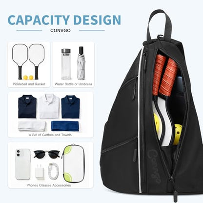 Pickleball Bag for Women and Men, Adjustable Pickle Ball Backpack, 2 in 1 Sports Sling Bag for Pickleball Paddles - color: Black