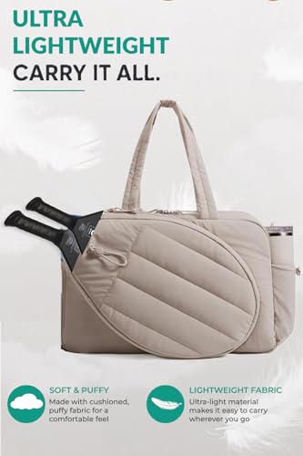 Pickleball,Tennis Racket Bag,Gym Bag for Women,Man. Quilted, Holds 2 Rackets with Shoe Compartment. Sport Bag for Gym, Court, Travel Duffle Bag - color: Beige