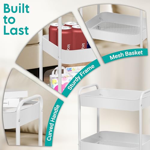 ZOES HOMEWARE 3 Tier Rolling Cart, Metal Utility Cart with 4 Hooks, Rolling Storage Cart on Wheels, Small Organizer Cart for Nursery, Kitchen, Living Room, Bathroom, White - color: White