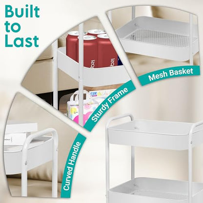 ZOES HOMEWARE 3 Tier Rolling Cart, Metal Utility Cart with 4 Hooks, Rolling Storage Cart on Wheels, Small Organizer Cart for Nursery, Kitchen, Living Room, Bathroom, White - color: White