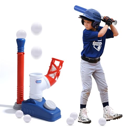 EagleStone Baseball Tee，T-Ball Set for Kids Ages 3-5, Toddler Baseball Set with Step-On Pitching Machine, Adjustable Batting Tee, Bat and 6 Balls - Perfect Outdoor Christmas Toys Gift for Boys - style: Pitching