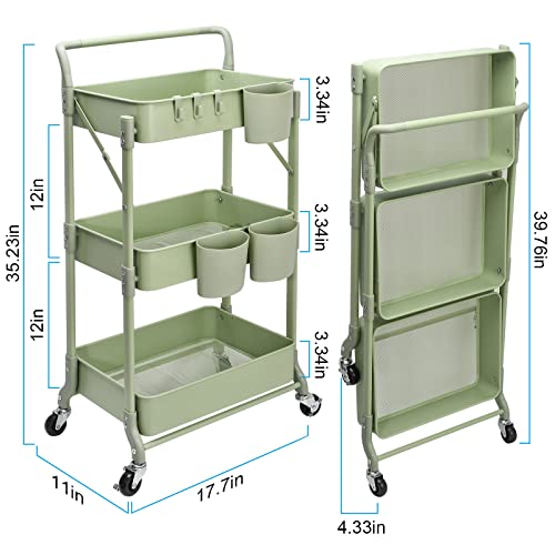 Foldable 3 Tier Rolling Cart, Metal Utility Cart, Folding Mobile Multi-Function Storage Trolley Organizer Cart for Home Library Office(Green) - color: Green