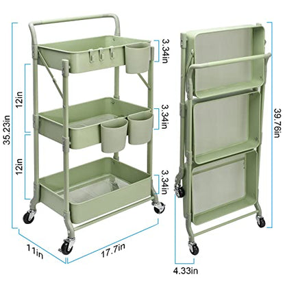 Foldable 3 Tier Rolling Cart, Metal Utility Cart, Folding Mobile Multi-Function Storage Trolley Organizer Cart for Home Library Office(Green) - color: Green