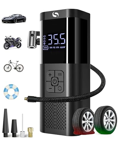 Tire Inflator Portable Tire Compressor, Cordless Tire Inflator with LED Light for Car Motorcycle Bicycle Ball, Car Accessories Essential for Men, 150PSI Air Tire Pump with Gauge