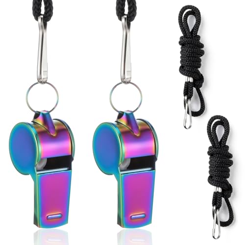 2Pcs Whistle Stainless Steel, Coach Sports Whistles with Lanyard, Loud Crisp Sound Metal Whistles for Sports, Coaching, Referees & Physical Education, Colorful Backpack Whistle