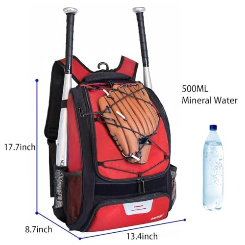 DAFISKY Baseball Bag Softball Backpack - Youth Adult T Ball Bat Equipment Bag with Bat Helmet Holders, Shoe Compartment - color: Red