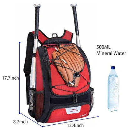 DAFISKY Baseball Bag Softball Backpack - Youth Adult T Ball Bat Equipment Bag with Bat Helmet Holders, Shoe Compartment - color: Red