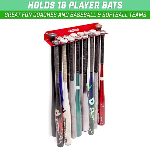 GoSports Baseball & Softball Bat Racks - Black or Red, Holds 16 Bats - Mount on Wall or Clip on Dugout Fence - color: Red