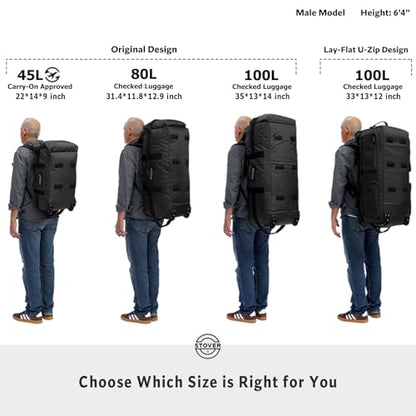 STOVER 45/80/100L U-Zip Rolling Duffel Bag with Wheels, X-Large Durable Travel Duffle + Toiletry Bag, Lay-Flat Opening, Packable w/Shoulder Straps- Use as Luggage or Backpack, Men/Women (Black) - color: U-Zip Black