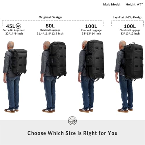 STOVER 45/80/100L Carry-On Rolling Duffel Bag with Wheels, Medium Durable Travel Duffle w/Toiletry Bag, Packable, Foldable with Shoulder Straps- Use as Luggage or Backpack, Men/Women (Green)
