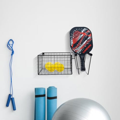 MyGift 16 Inch Wall Mounted Metal Pickleball Paddle Rack and Storage, Hanging Equipment Organizer with Racket Holder and Basket for Balls - color: Black