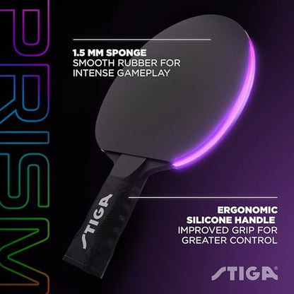 STIGA Prism LED Ping Pong Paddle - 5 LED Color Cycles - Color Gradient Mode - Includes 3 Glow-in-The-Dark Balls - 1.5mm Sponge with Smooth Rubber - Silicone Grip for Max Control