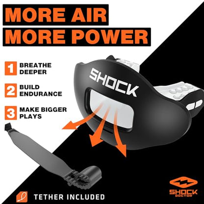 Shock Doctor Lip Guard, Adult and Youth Mouth Guard Football with Strap, Breathable Wide Opening Football Mouthpiece for Youth and Adults OSFA, Shock Doctor Mouth Guards, Max Airflow - color: White/ Black