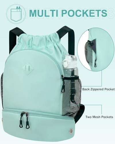 RHDZO Drawstring Backpack Gym Backpack with Shoe Compartment for Men Women String Sports Bag with Wet Pocket Cinch Swim Beach Bag, Large Mint Green - color: Large Mint Green