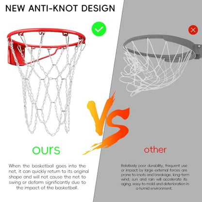 Basketball Net Heavy Duty Replacement,Carbon Steel Chain Basketball net, Anti-Rust Use Indoor Outdoor Standard 12 Loops Hoop - color: White