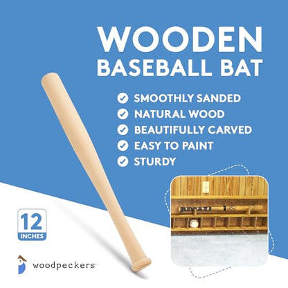 Wood Baseball bat 12 Inch Pack of 2 Unfinished Mini Wood Baseball Bat, Small Bat, Party Decor, Bedroom, Crafts, by Woodpeckers