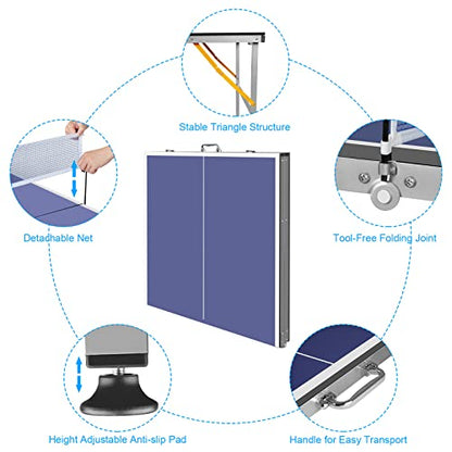 Mid-Size Table Tennis Table Foldable with Net, Foldable & Portable Ping Pong Table Set with 2 Table Tennis Paddles and 3 Balls for Small Spaces, Indoor/Outdoor Backyard Garden