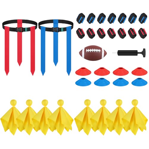 Flag Football Set, 14 Player Adjustable Flag Football Belts, 42 Football Flags, 8 Practice Cones, 8 PCS Yellow Penalty Flag Football Flags, Size 3 Football, Pump and Bag, Perfect for Youth Adults and