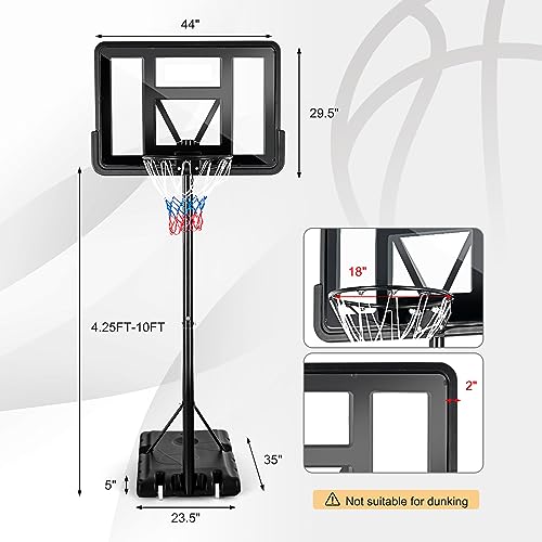 GYMAX Portable Basketball Hoop Outdoor, 10FT Height Adjustable Basketball Goal w/Shatterproof Backboard & Built-in Wheels for Kids Youth Adult