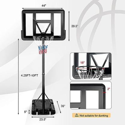 GYMAX Portable Basketball Hoop Outdoor, 10FT Height Adjustable Basketball Goal w/Shatterproof Backboard & Built-in Wheels for Kids Youth Adult