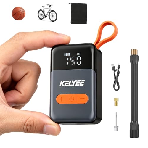 2-in-1 Mini Electric Bike Pump with LED Headlight, 150 PSI Portable Tire Inflator with Digital Gauge, Auto Shut Off, 2000mAh Type-C Rechargeable Air Pump for Bike, E-Bike, Car & Balls, Travel Gift - color: Orange Black