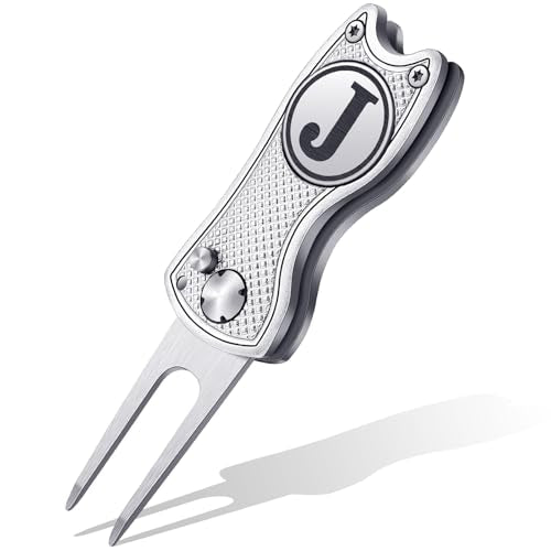 Golf Divot Repair Tool with Letter Custom Monogrammed Initial Ball Marker Divot Tool New Year Golf Gifts Foldable Metal with Magnetic Putt Alignment for Men Father Golfer - color: Silver, style: Letter J