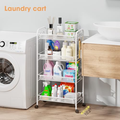 TOOLF 4-Tier Rolling Cart, Metal Utility Cart with 3 Hooks, Easy Assemble Mobile Storage Trolley On Wheels, Metal Shelving Units Kitchen Bathroom Laundry Room - color: White, size: 4-Tier