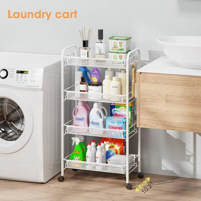 TOOLF 4-Tier Rolling Cart, Metal Utility Cart with 3 Hooks, Easy Assemble Mobile Storage Trolley On Wheels, Metal Shelving Units Kitchen Bathroom Laundry Room - color: White, size: 4-Tier