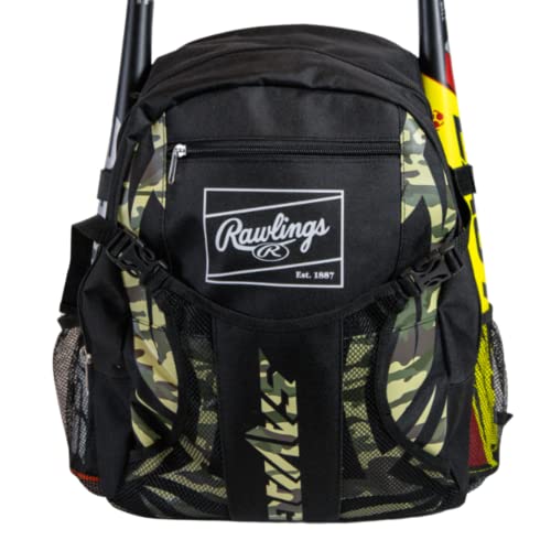 Rawlings | SAVAGE Backpack Equipment Bag | T-Ball/Youth Baseball & Softball | Multiple Styles - color: Black / Camo