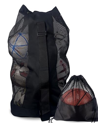 1/2pcs Soccer Ball Bag,Adjustable Shoulder Strap Extra Large and 1pcs Drawstring Mesh Ball Bag,Heavy Duty Soccer Ball Bags for Coaches,Mesh Equipment Bag for Basketball,Football, Volleyball - color: Black, size: Medium