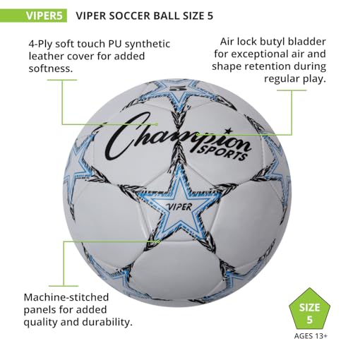 Champion Sports Viper Soccer Ball – TPU Soft-Touch Training Ball in Sizes 3,4,5 for Indoor/Outdoor Play - style: Size 5
