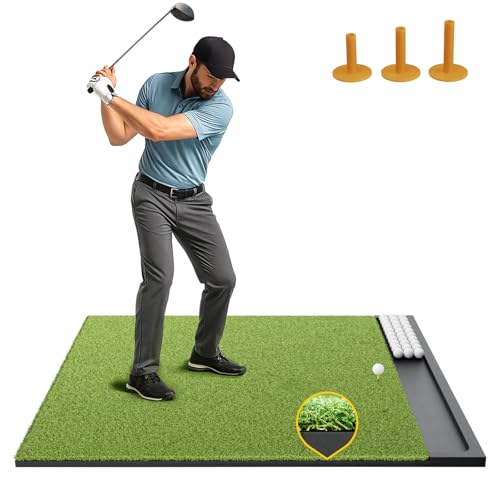 Golf Hitting Mat with Ball Tray, 5x4 / 6x4 ft, 26mm / 31mm Thick, Pro & Elite Turf with Swing Path Line, Premium Golf Practice Mat for Indoor & Outdoor Swing, Chipping, Training - style: 5×4 ft PRO Turf – 26mm