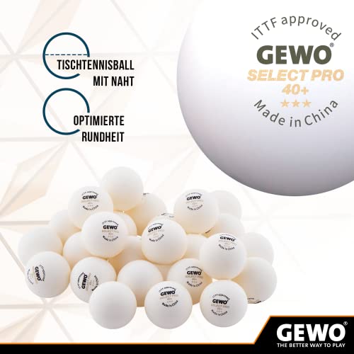 GEWO Tischtennisbälle Select PRO - 3 Sterne Tischtennis-Ball aus Plastik 40+ mit Naht - ITTF-zertifizierte Wettkampf Bälle - hochwertige Profi-Tischtennisbälle weiß, 40+mm Durchmesser