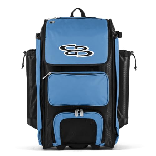 Boombah Catchers Superpack Hybrid Rolling Bat Bag - Multiple Colors - Wheeled & Backpack Version - color: Black/Columbia Blue