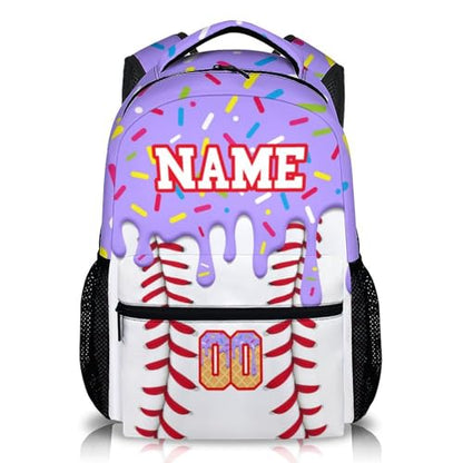 Kids Schoolbag for Girls Custom Ice Cream Baseball Backpack for Children Teen Baseball School Supplies, 17 Inch Cute Girls Bookbag for Preschool Elementary Kindergarten Vacation Travel Picnic