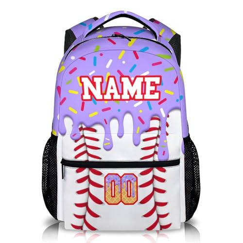 Kids Schoolbag for Girls Custom Ice Cream Baseball Backpack for Children Teen Baseball School Supplies, 17 Inch Cute Girls Bookbag for Preschool Elementary Kindergarten Vacation Travel Picnic